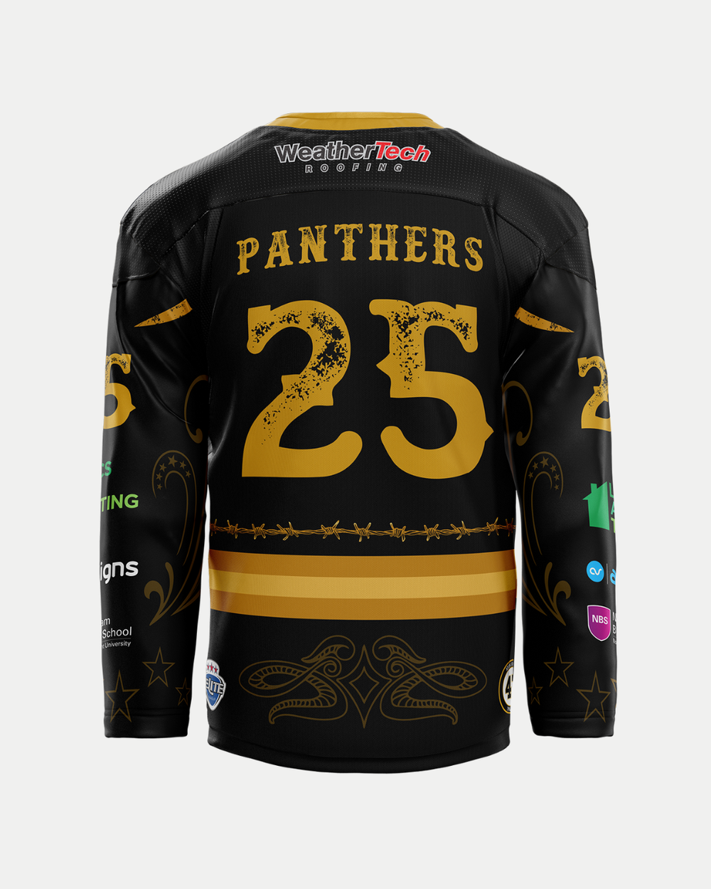 The back of the 2025/26 Classic Team Replica Country Night Jersey by Panthersland features bold gold "PANTHERS," number 25, and sponsor logos on sleeves and lower back—all on a striking black jersey with gold accents.