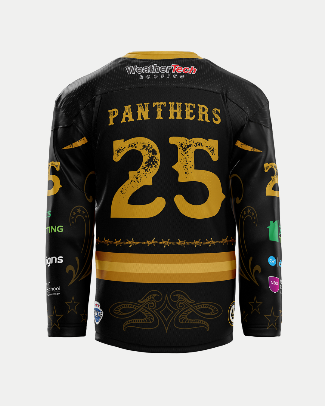 The back of the 2025/26 Classic Team Replica Country Night Jersey by Panthersland features bold gold "PANTHERS," number 25, and sponsor logos on sleeves and lower back—all on a striking black jersey with gold accents.