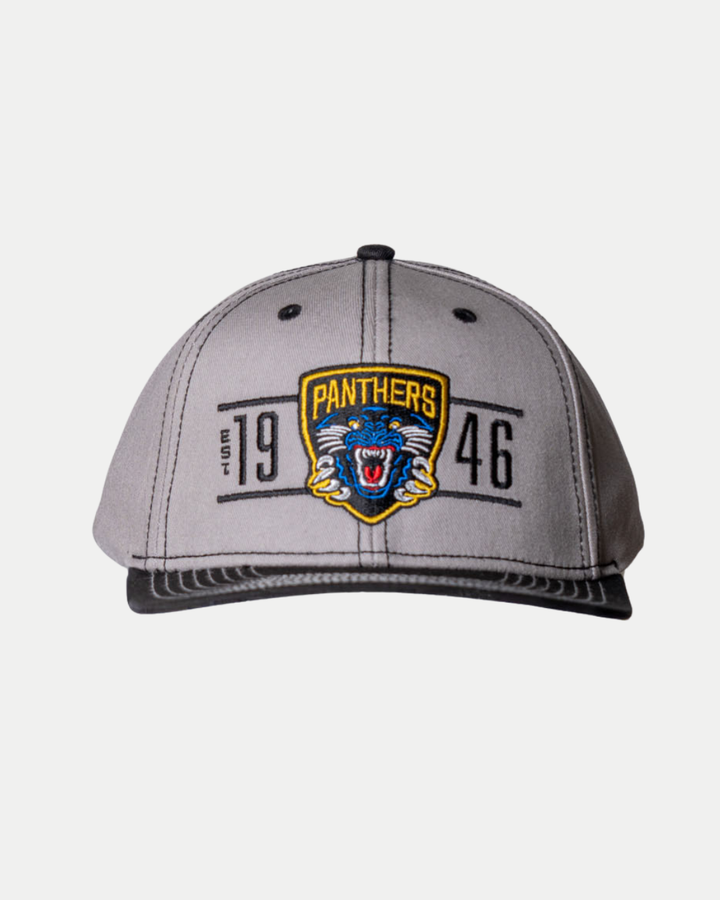 The Panthersland Nottingham Panthers 25-26 CCM Grey Flat Brim Snapback features a blue panther logo, "PANTHERS", and "1946" embroidered on the front with a black brim.