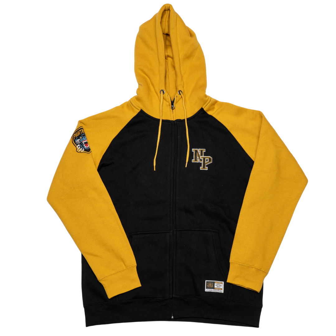 The Panthersland Nottingham Panthers 25-26 NP Logo Zip Hoodie features a black body, gold hood and sleeves, embroidered chest logo, left sleeve patch, front pockets, and a small label by the hem.