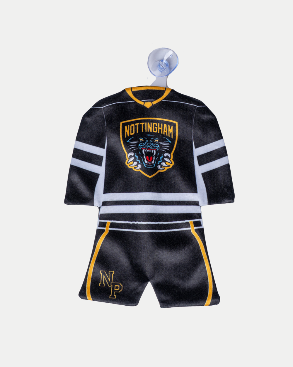 The Panthersland Nottingham Panthers Mini Car Jersey features a black uniform with "NOTTINGHAM" and a roaring panther logo on the jersey, plus "NP" on the shorts, hanging from a suction cup hook against a white background.