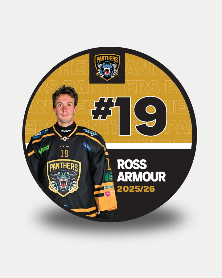 A circular graphic shows a male hockey player in a black Nottingham Panthers jersey with the team logo, beside "#19 Ross Armour 2025/26" on a yellow and black background, promoting Nottingham Panthers 2025-26 Panthers Player Pucks.