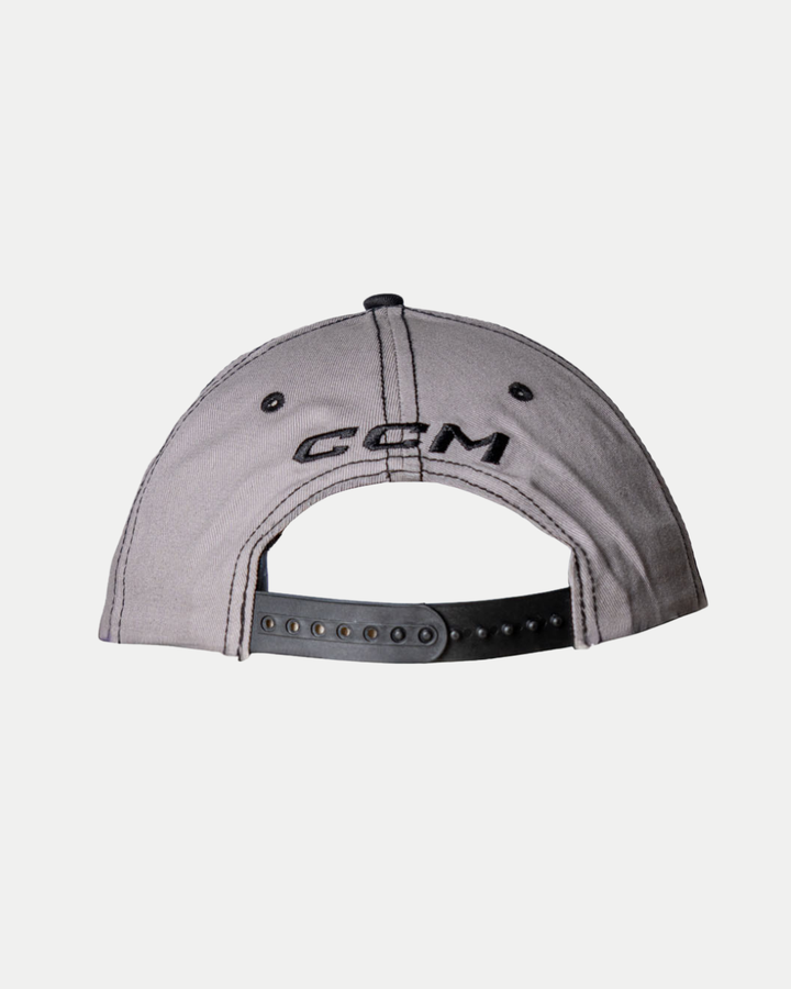 Back view of the Nottingham Panthers 25-26 CCM Grey Flat Brim Snapback by Panthersland, featuring a black adjustable strap and black CCM embroidery above the rear opening.