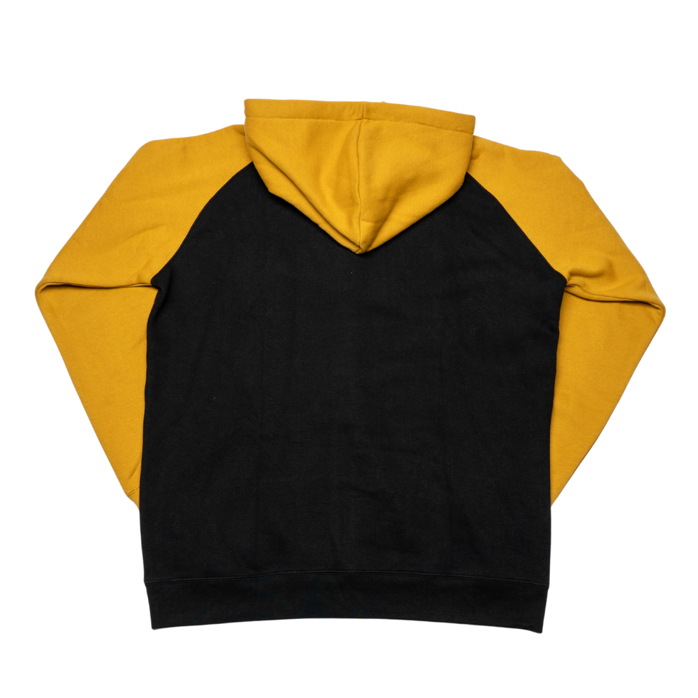 The Panthersland Nottingham Panthers 25-26 NP Logo Zip Hoodie features a black body with mustard yellow sleeves and hood, displayed flat with the back up—a perfect black and gold zip-up to show your team pride.