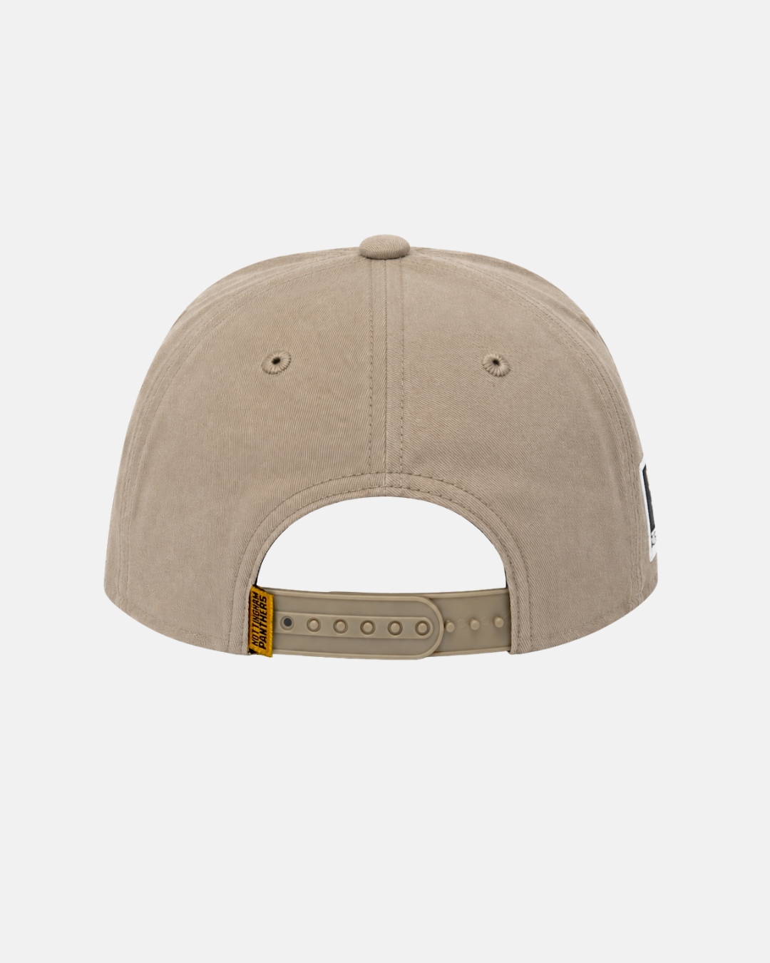 A 26-27 Vintage Snapback by Panthersland in tan cotton is shown from the back, featuring an adjustable plastic strap with a yellow tag attached. The plain cap has visible stitching, small ventilation holes, and a classic vintage snapback style.