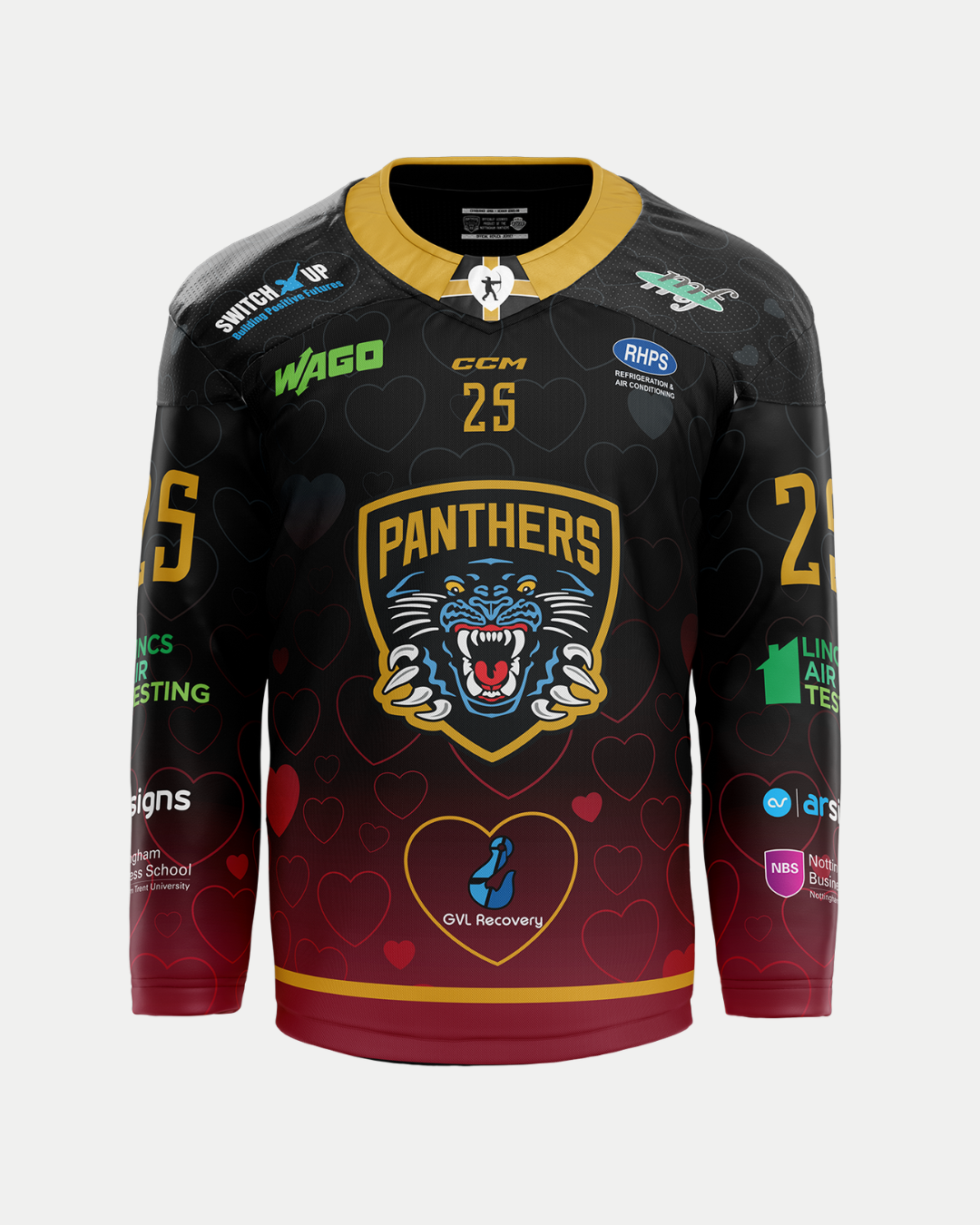 The Panthersland 2025/26 Classic Team Replica Valentines Jersey is black with red and gold accents, a roaring panther logo, number 25 on chest and sleeves, sponsor logos, and a heart pattern background.