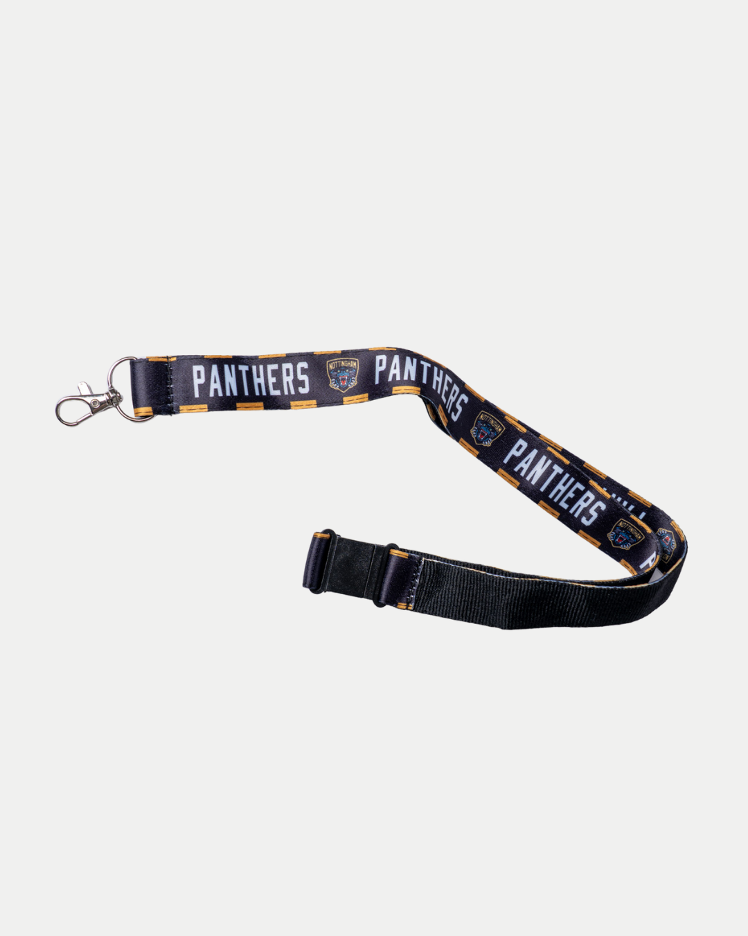 The Nottingham Panthers Black Lanyard by Panthersland features "PANTHERS" and panther logos in white and gold, a metal clip, and a black adjustable plastic buckle.