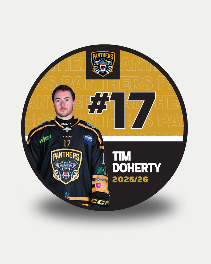 A circular graphic shows Tim Doherty in a black Nottingham Panthers jersey (#17), with the Panthers logo, bold “#17 Tim Doherty 2025/26” text, and highlights the limited edition 2025-26 Panthers Player Pucks by Nottingham Panthers.