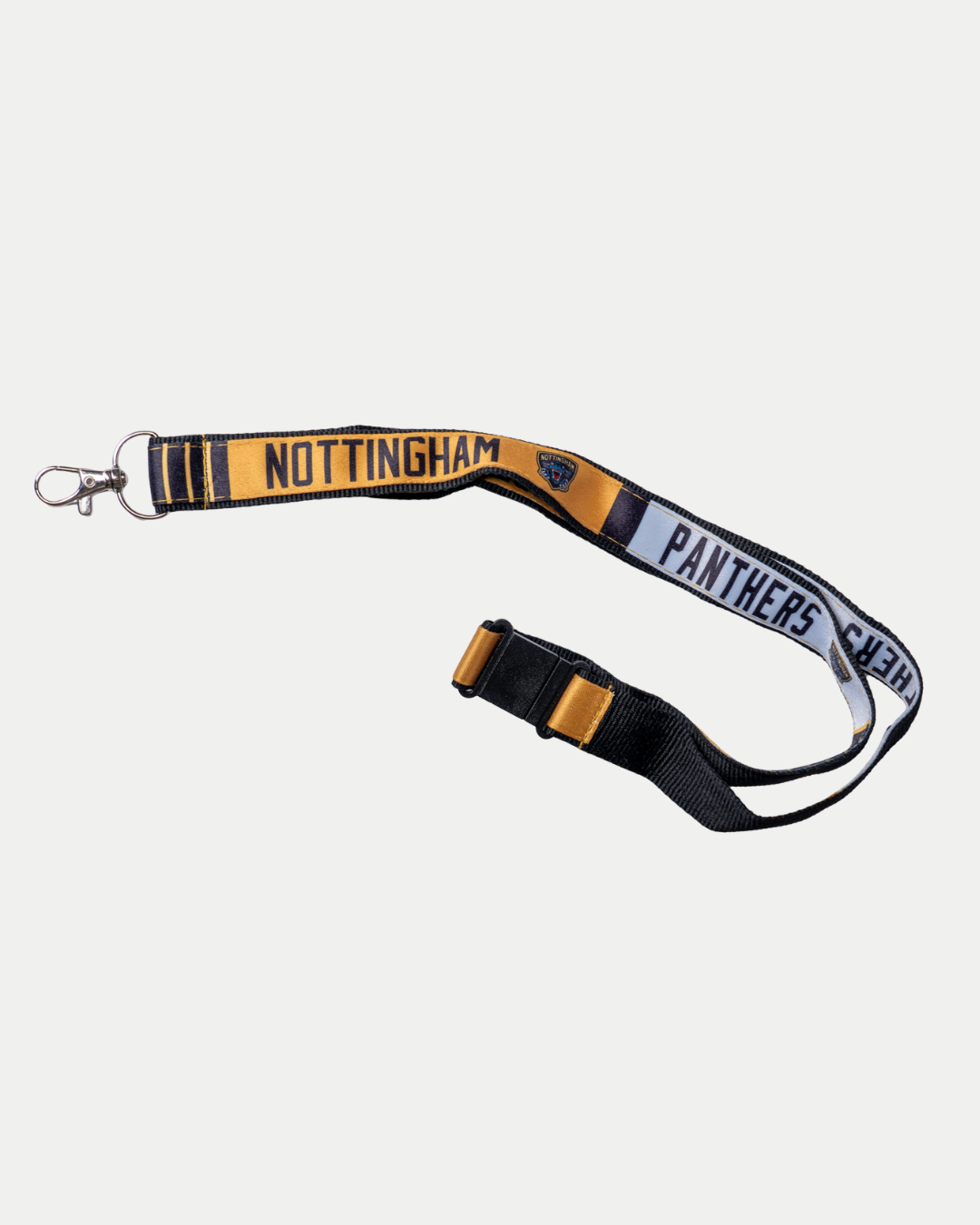 The Panthersland Nottingham Panthers Gold Lanyard, featuring black, gold, and white colors with team text and a clip, is displayed on a white background.