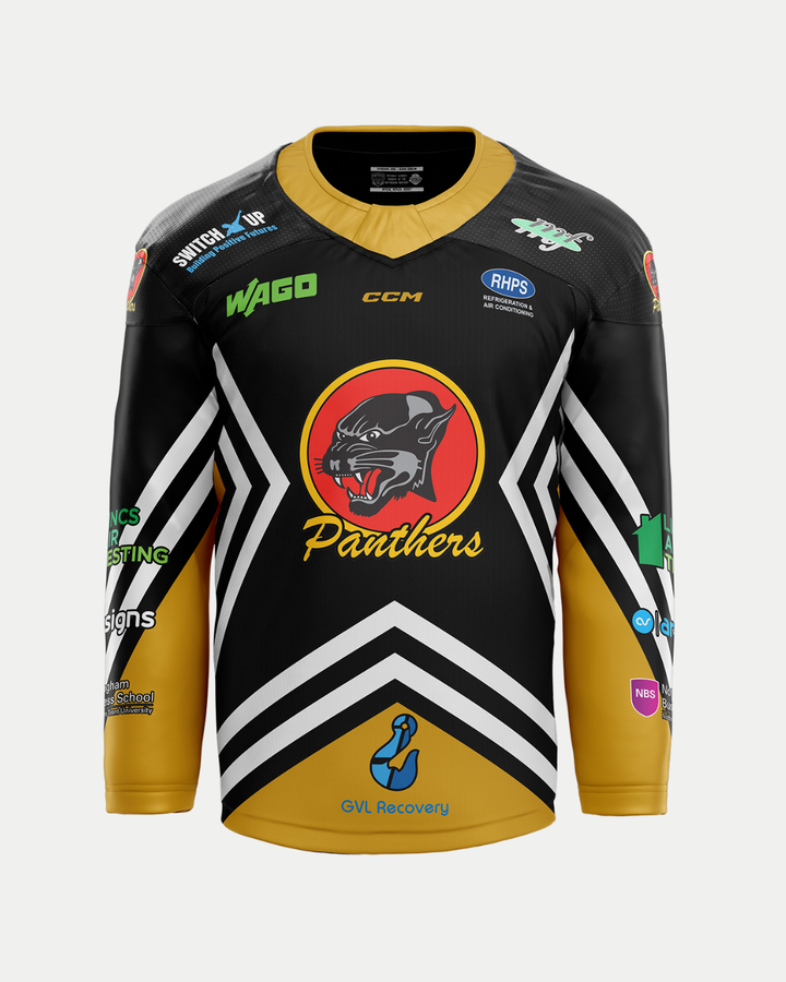 Show your team spirit in the Panthersland 2025/26 Classic Replica Retro Jersey, featuring black fabric, gold sleeves, white chevron stripes, and a snarling panther logo with "Panthers" on the front. Pre-order now to secure yours before release!.