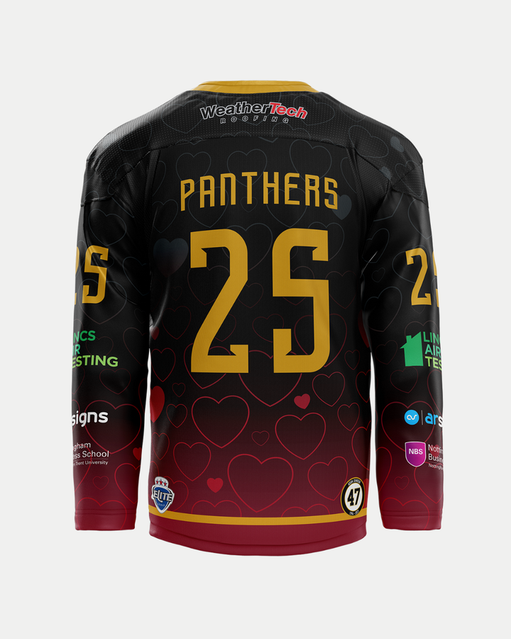 The Panthersland 2025/26 Classic Team Replica Valentines Jersey features black, red, and gold accents, #25, PANTHERS on the back, heart patterns, and sponsor logos—a must-have for fans of custom or next season's jerseys.