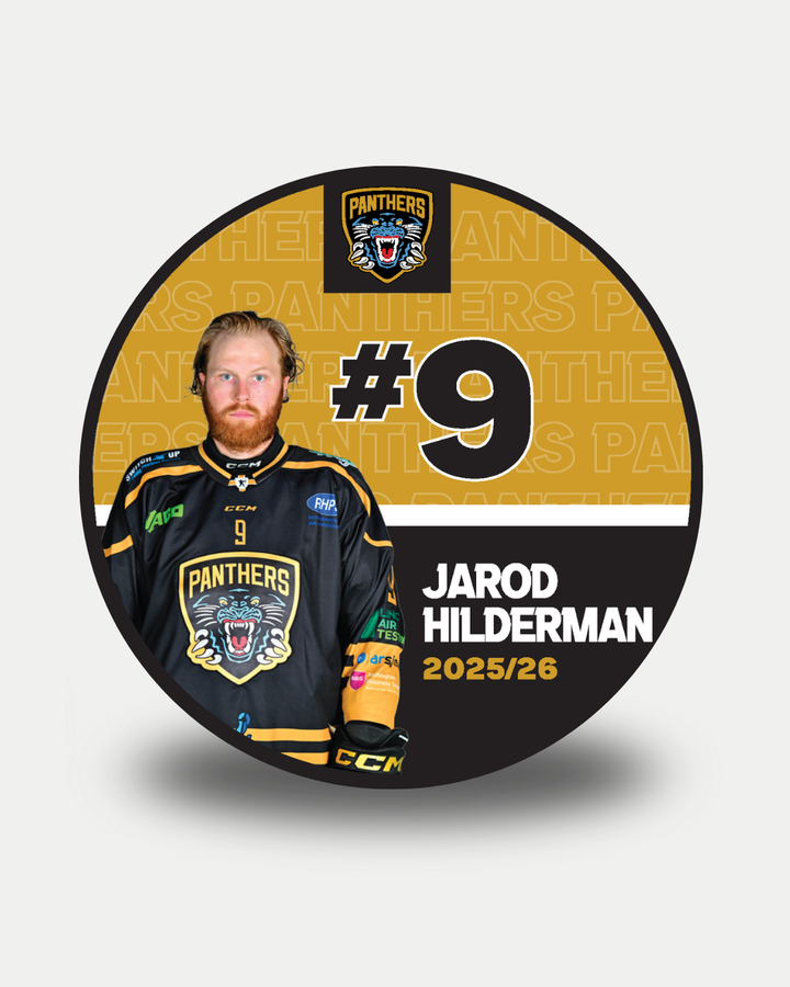 A hockey player in a black Nottingham Panthers jersey (#9, Jarod Hilderman 2025/26) stands before a gold backdrop with the Panthers logo, text, and limited edition 2025-26 Panthers Player Pucks by Nottingham Panthers.