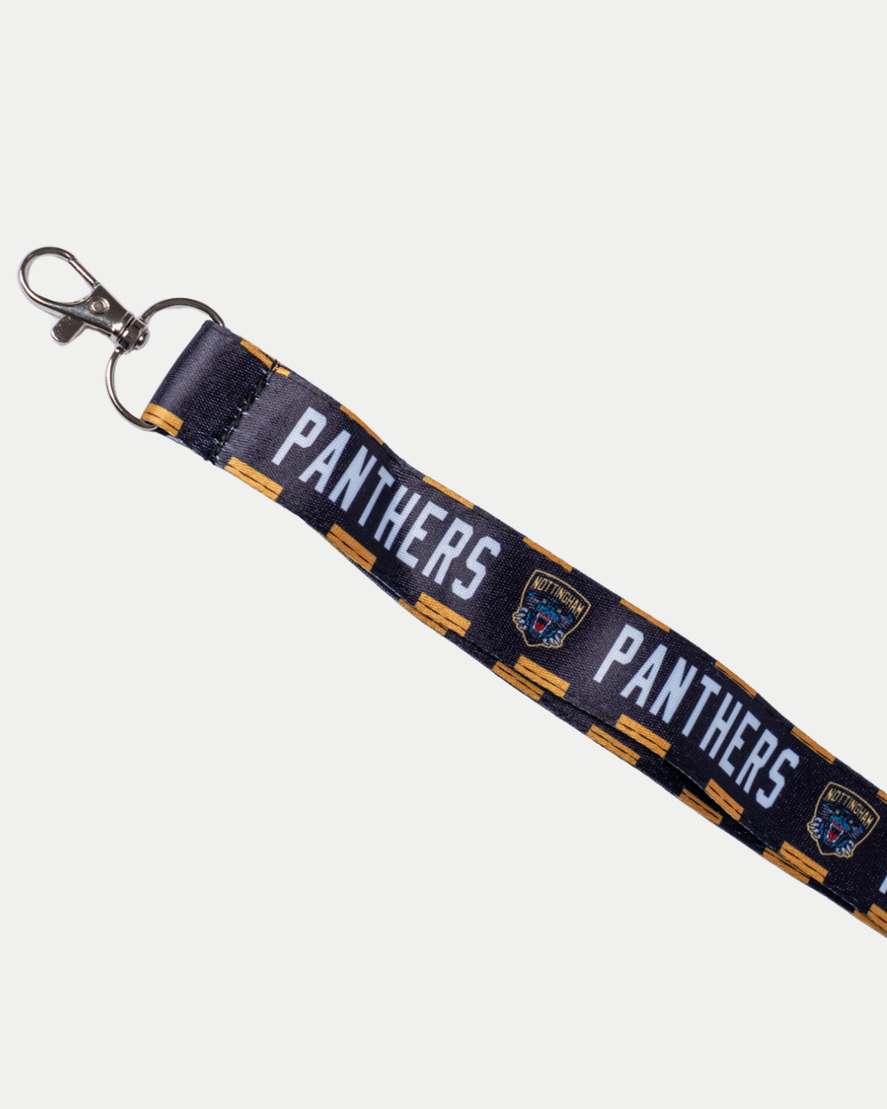 The Panthersland Nottingham Panthers Black Lanyard features "PANTHERS" and a logo in white and yellow, plus a sturdy metal swivel clasp.