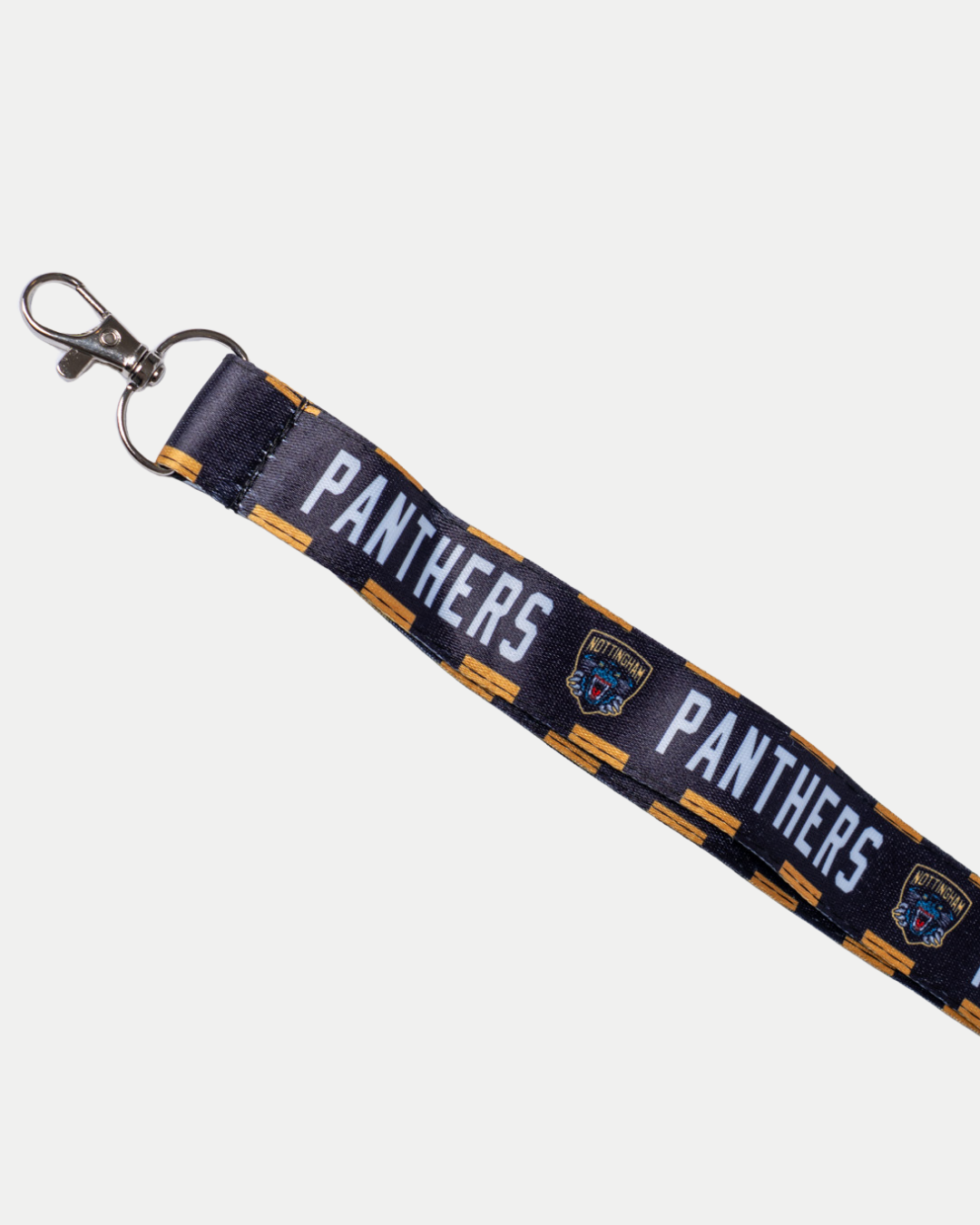 The Panthersland Nottingham Panthers Black Lanyard features "PANTHERS" and a logo in white and yellow, plus a sturdy metal swivel clasp.