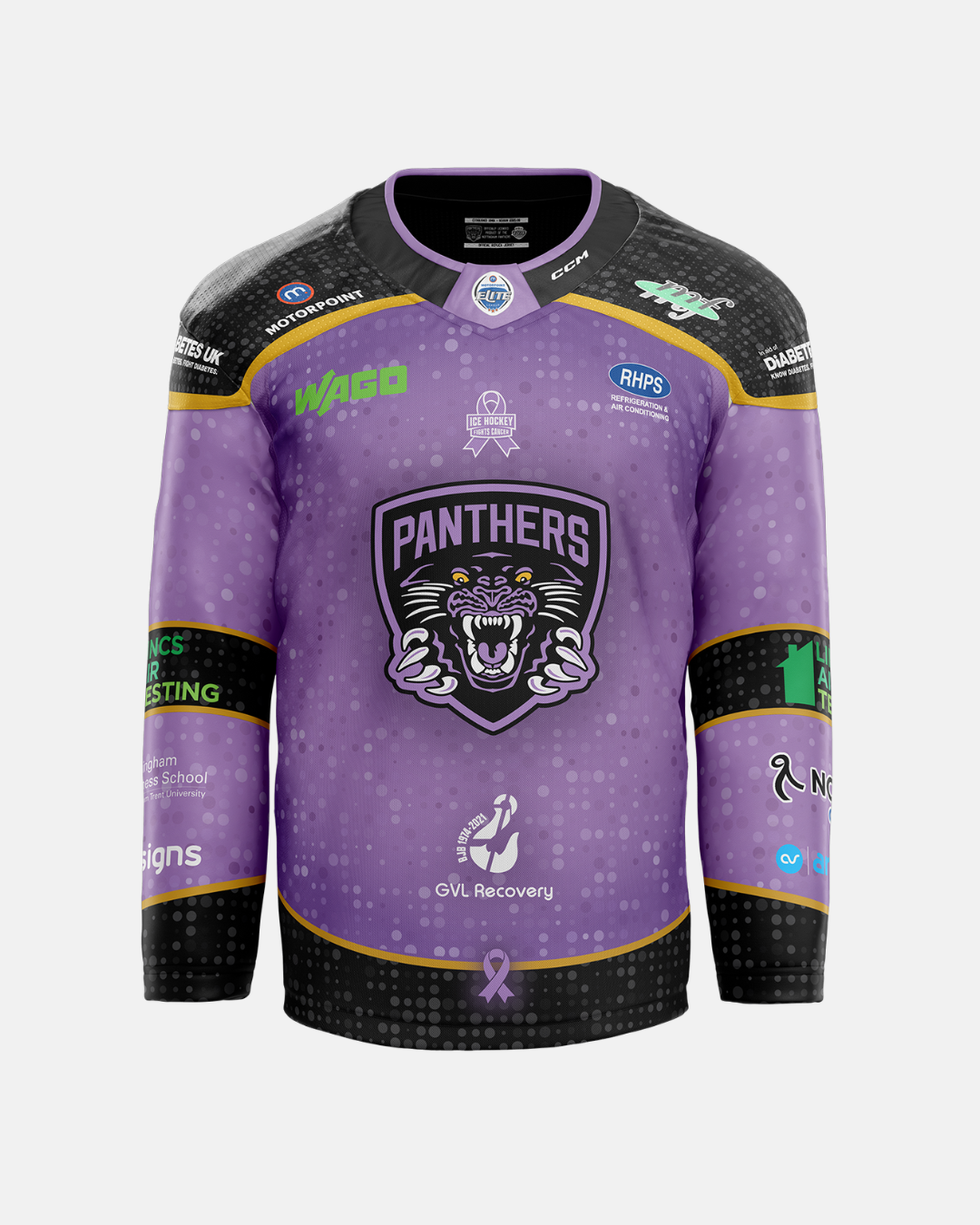 Introducing the 2026/27 Classic Replica Hockey Fights Cancer Jersey by The Nottingham Panthers—a striking purple and black hockey jersey displaying “Panthers” and a roaring panther logo on the front. It features various sponsor logos, including Nottingham Hospitals Charity, as well as a small purple ribbon near the hem. This classic replica is part of The Nottingham Panthers’ exclusive 2026/27 jerseys collection.