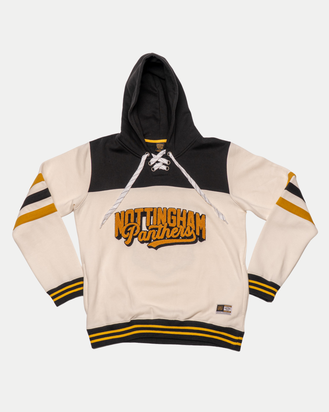 The Panthersland Nottingham Panthers 25-26 Off White Script Hoodie features yellow script on the front, a lace-up neckline, and yellow, black, and white striped cuffs and hem—a fan favourite.