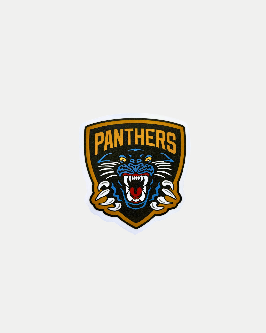 The Panthersland Wooden Crest Magnet showcases a snarling black panther with bared teeth on a gold and black shield, with "PANTHERS" in bold yellow letters above its head.