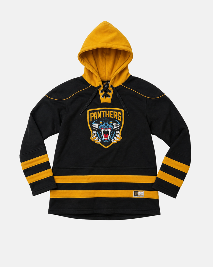 Experience the 26-27 NP Lace Hoodie from Panthersland—a black and yellow, sportswear-inspired hockey-style hoodie. It features a lace-up collar, bold gold stripes on the sleeves and hem, and a PANTHERS logo with a roaring panther emblazoned on the front.