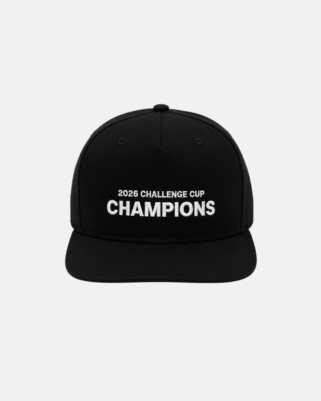 The Nottingham Panthers 2026 Challenge Cup Champions Retro Snapback Cap, a black high-profile cap featuring white embroidered “2026 CHALLENGE CUP CHAMPIONS” text on the front, is displayed against a plain light gray background.