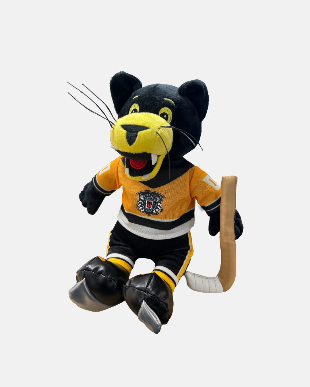 The Panthersland Nottingham Panthers Paws Plush Gold Jersey features a black panther mascot in a gold hockey jersey with team logo, matching pants, and holding a brown hockey stick.