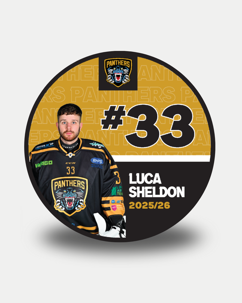 Circular graphic of Luca Sheldon (#33) in a black Nottingham Panthers jersey with team logo and “Luca Sheldon 2025/26” on a gold and black background—ideal for the 2025-26 Panthers Player Pucks by Nottingham Panthers.