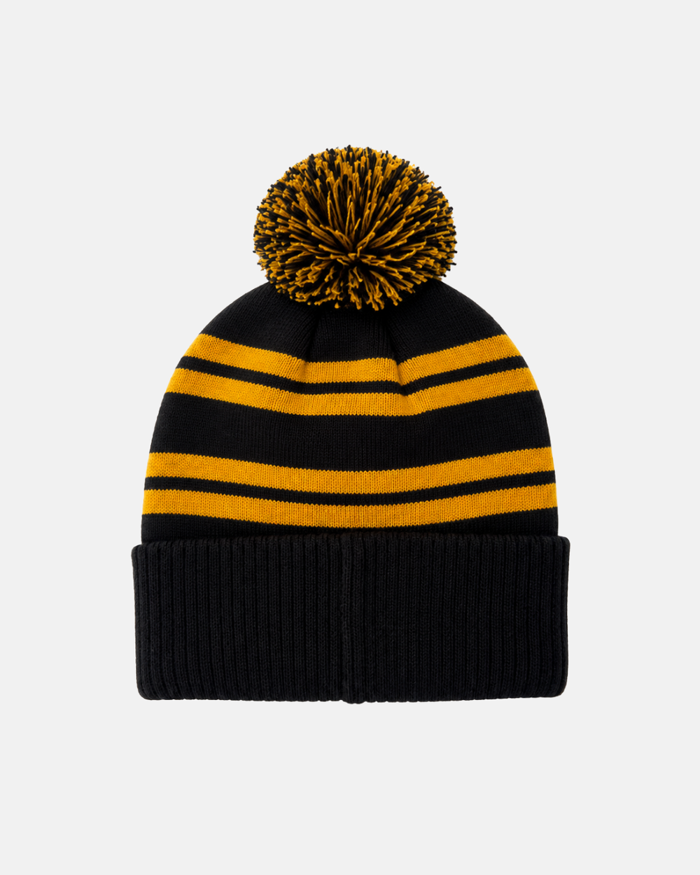 Introducing the Panthersland 26-27 Script Pom Knit: a beanie showcasing black and yellow horizontal stripes, a black fold-up cuff, and a coordinating black and yellow pom-pom on top.