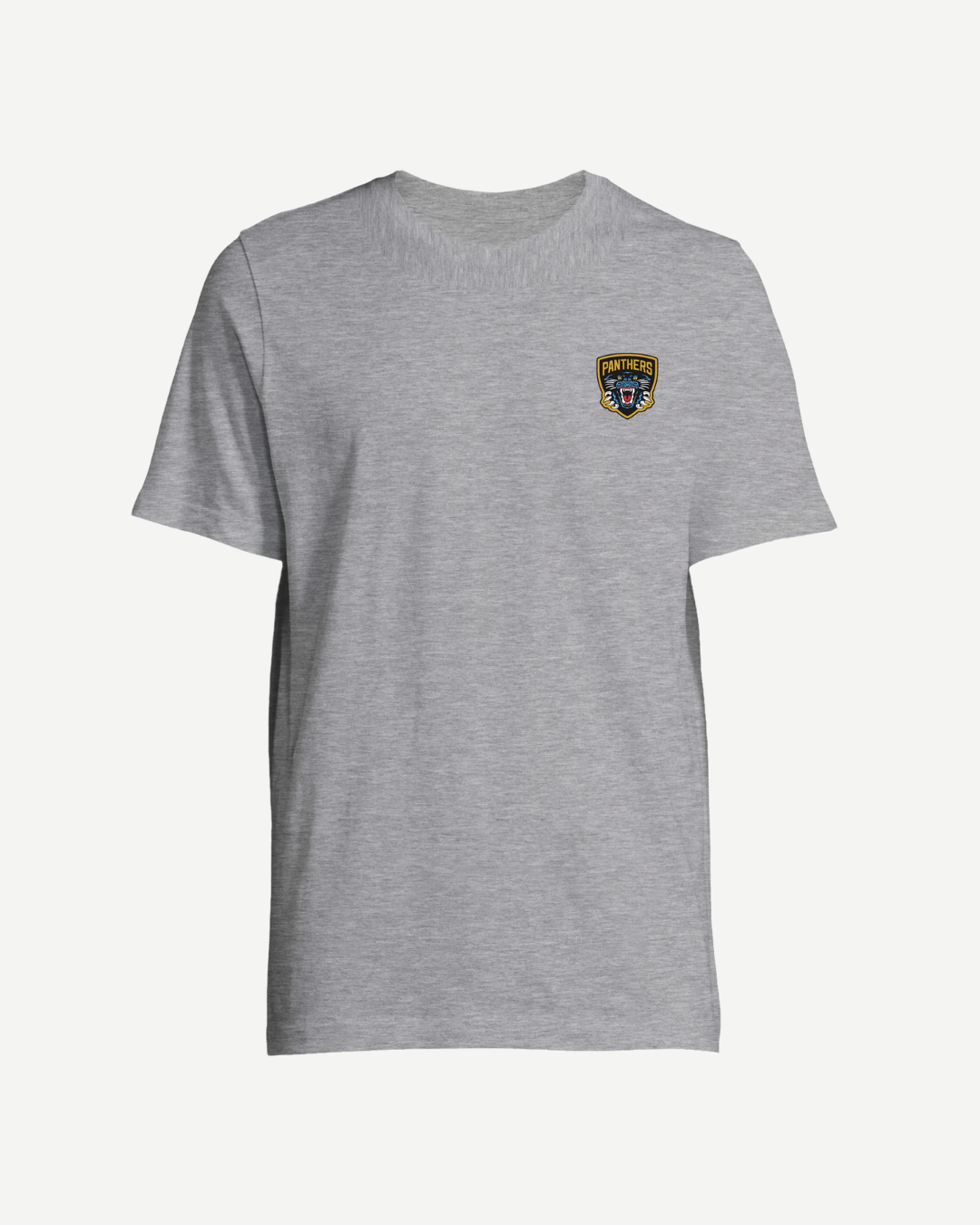 The Nottingham Panthers 2026 Challenge Cup Champions T-Shirt in grey is a unisex top featuring a small embroidered PANTHERS patch and illustrated panther logo on the upper left chest—eco-conscious, stylish, and perfect for daily wear.
