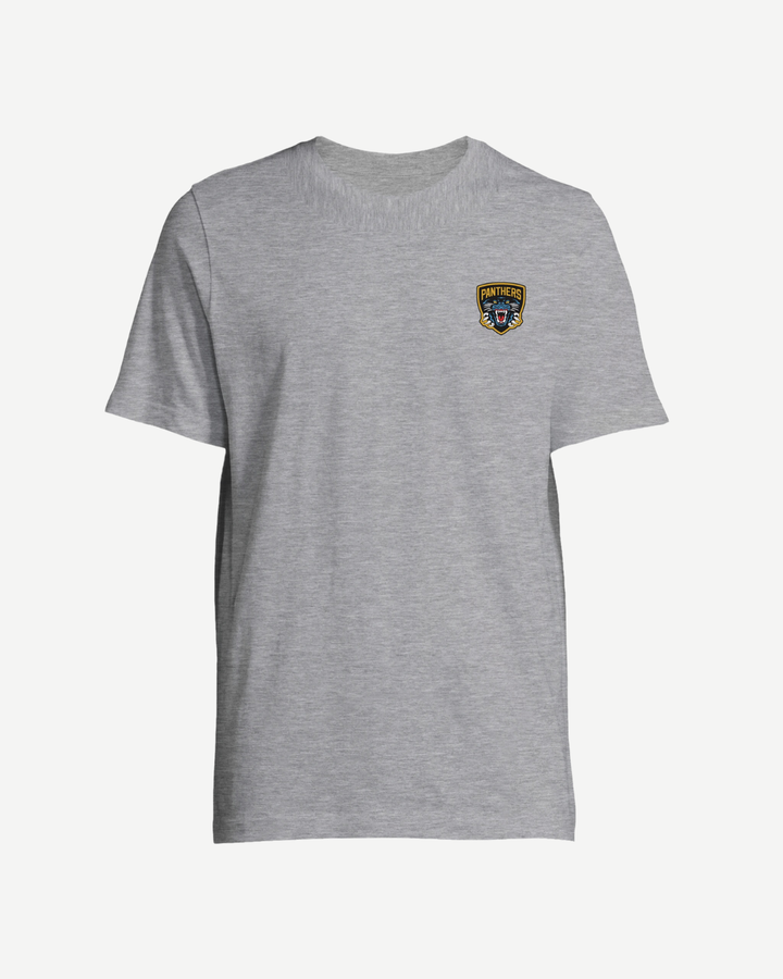The Nottingham Panthers 2026 Challenge Cup Champions T-Shirt in grey is a unisex top featuring a small embroidered PANTHERS patch and illustrated panther logo on the upper left chest—eco-conscious, stylish, and perfect for daily wear.