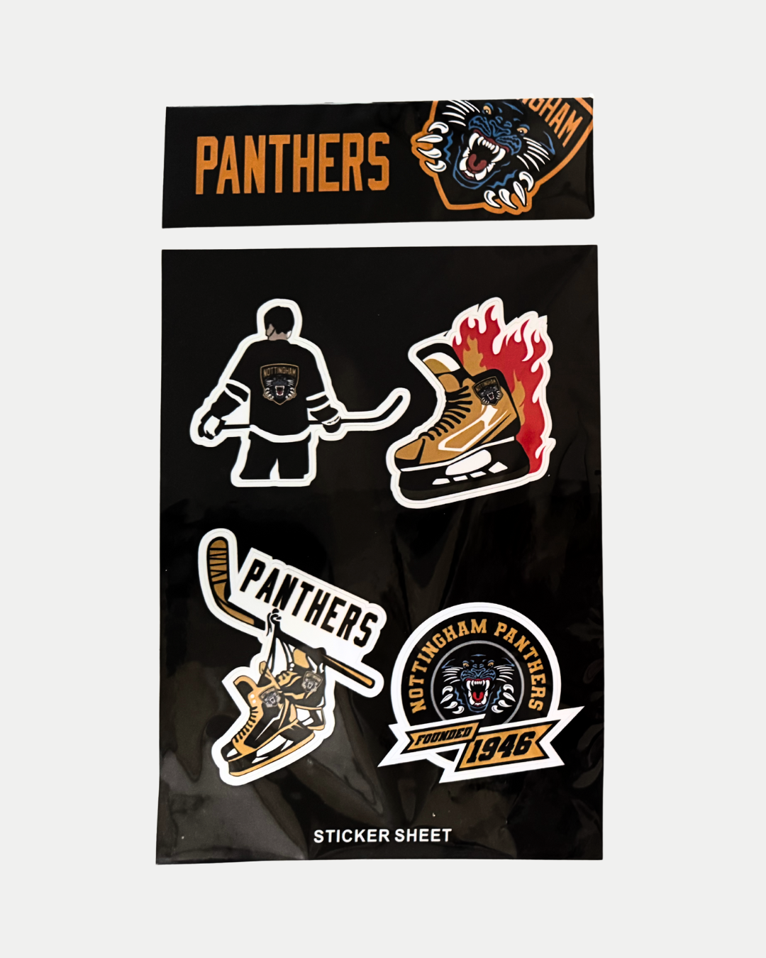 The Nottingham Panthers Sticker Pack Flame by Panthersland features team logos, a hockey player, a flaming skate, a “Panthers” stick, and “Founded 1946.”.