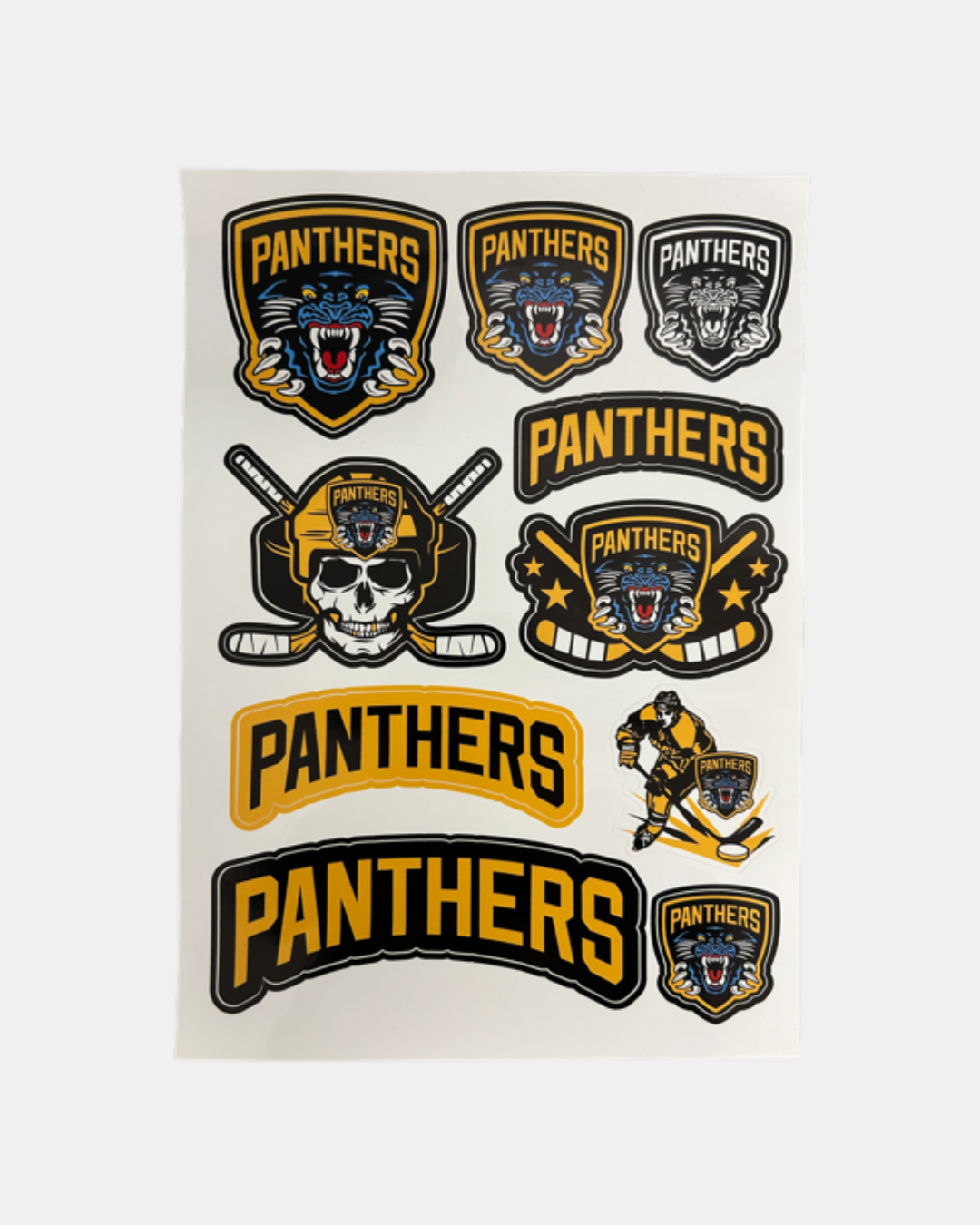 The Panthersland Nottingham Panthers A4 Decal Set includes premium vinyl stickers of Panther heads, a skull with hockey sticks, and a hockey player in bold black, yellow, and white—perfect for fans.