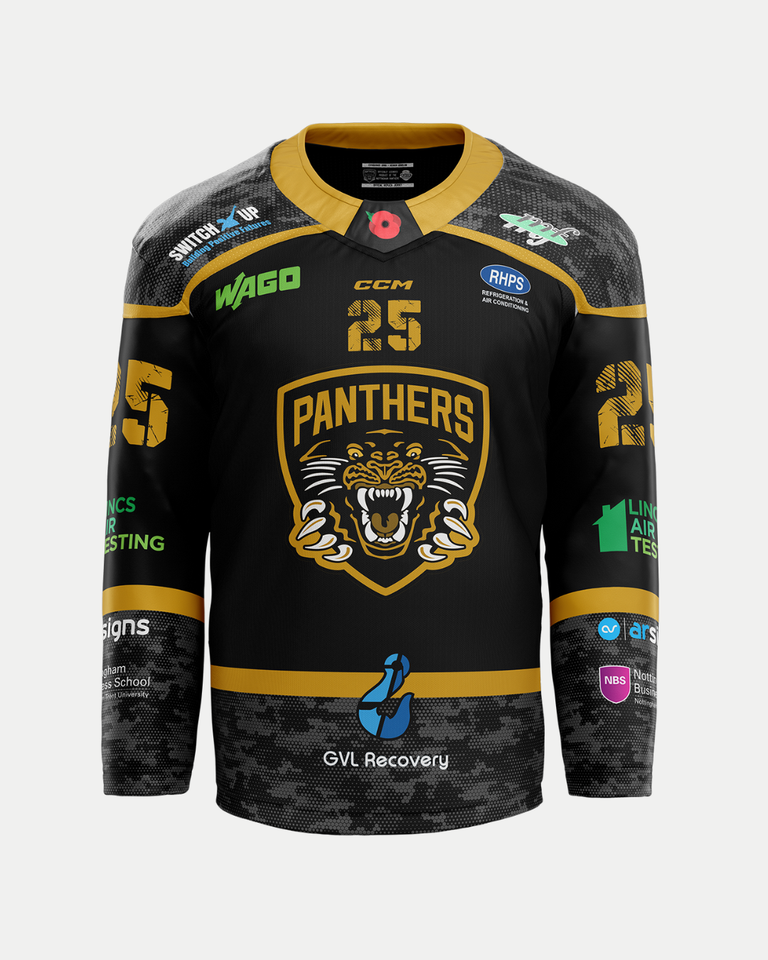 The Panthersland 2025/26 Classic Custom Replica Remembrance Jersey features black and gold colors, a roaring panther logo, number 25, camo sleeves, and “PANTHERS” above the graphic—ideal for player or custom name jerseys.