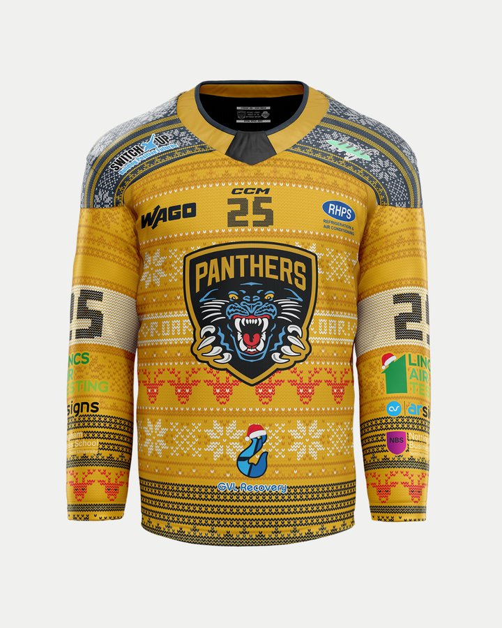 The Panthersland 2025/26 Classic Replica Christmas Sweater Jersey features gold and yellow colors, a bold panther logo, snowflake and reindeer details, sponsor logos, and the number 25—ideal for fans of unique holiday jerseys.