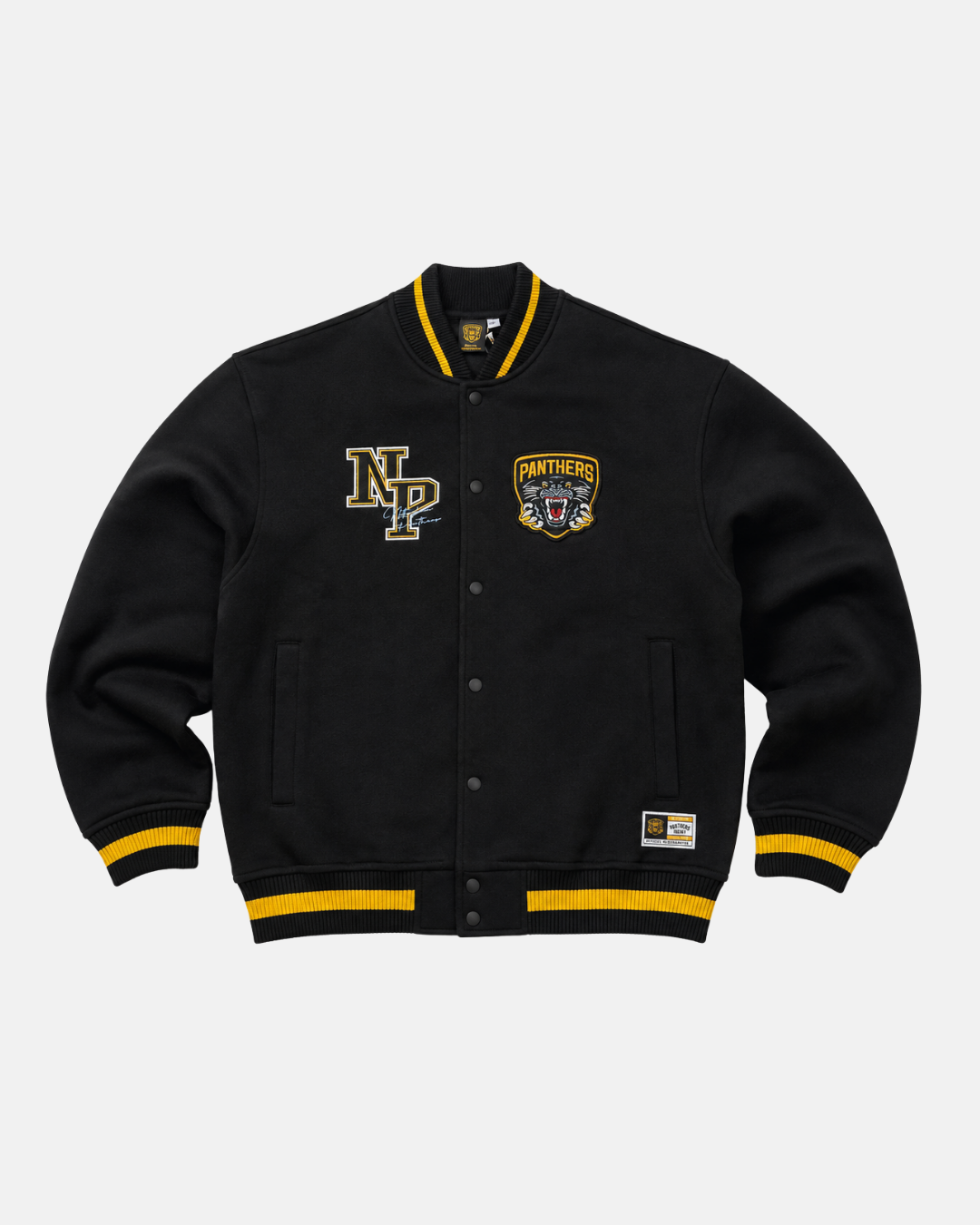 The 26-27 NP Varsity Sweater by Panthersland is a black collegiate-inspired jacket featuring yellow striped cuffs and collar, the signature NP letters on the left chest, and a bold panther logo patch with “Panthers” and “NP” on the right chest.