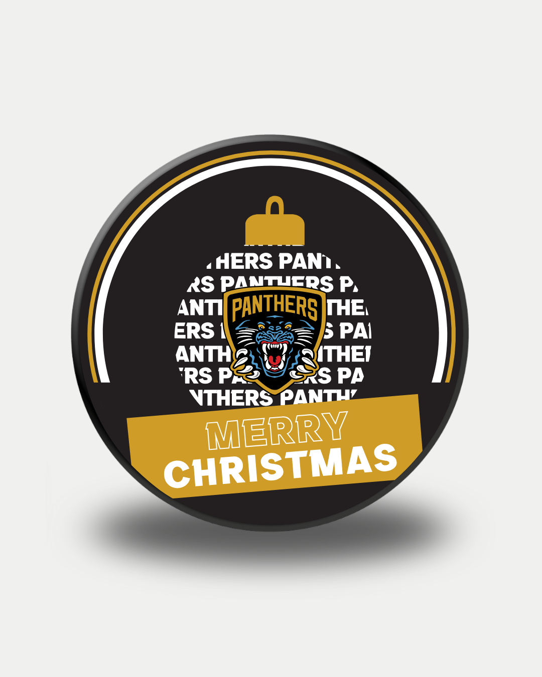 The Nottingham Panthers 25-26 Christmas Puck Bauble by Panthersland features a circular ornament with "PANTHERS" in white, a panther logo, and a gold "MERRY CHRISTMAS" band on a black background.