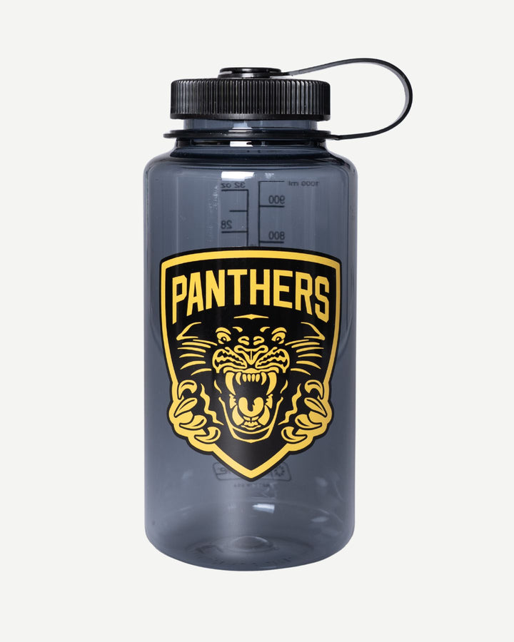 The Panthers x Nalgene 1L Water Bottle by Panthersland features a gray body, black screw cap, wide mouth, and a yellow and black roaring panther logo. This BPA-free bottle is perfect for fans on the move.