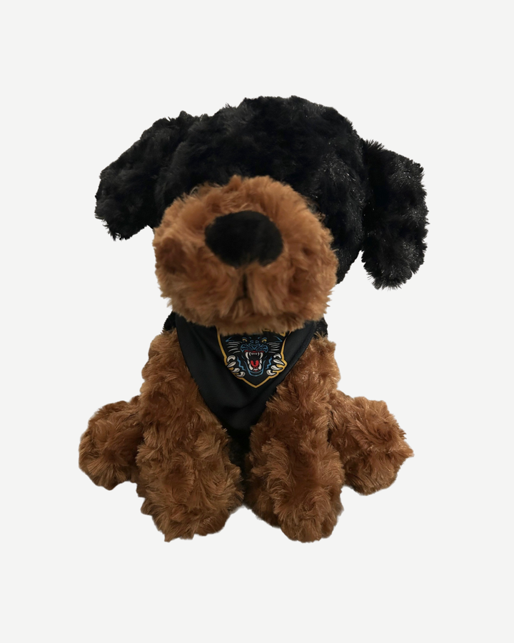Plush dog toy with a black and brown color scheme on a white background