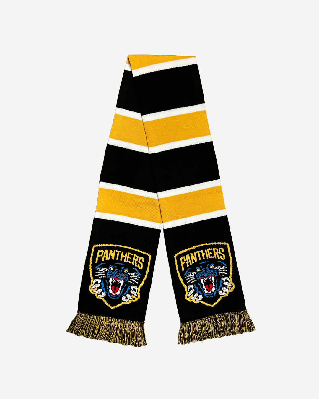 Cheer for your team with the Panthersland Nottingham Panthers 2026 Bar Scarf—black, gold, and white with gold fringe and two embroidered patches: a roaring panther and “PANTHERS” on each end.