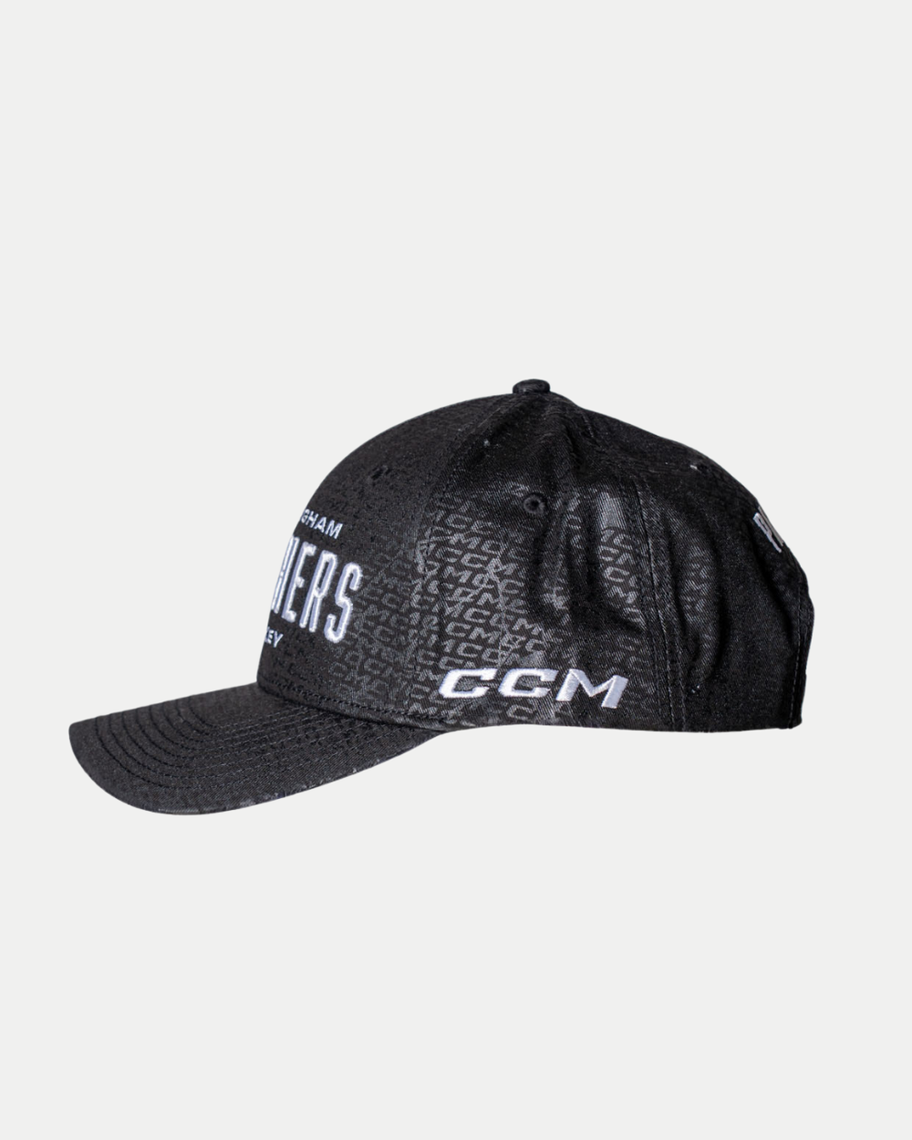 The Panthersland Nottingham Panthers 25-26 CCM Black Adjustable Cap features subtle gray text patterns, white CCM and Panthers text on the front, a curved brim, and a top button.
