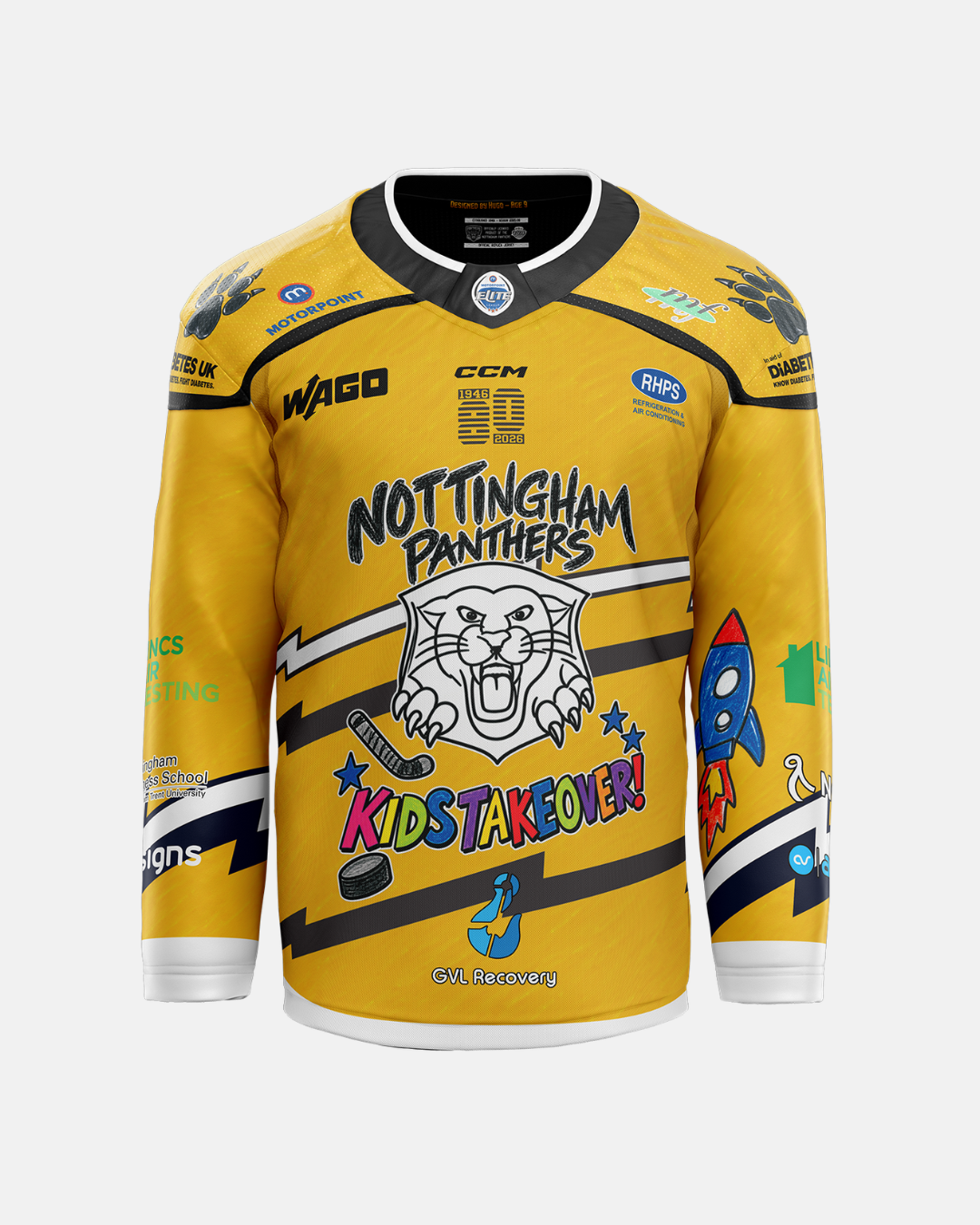 The Nottingham Panthers 2026/27 Classic Replica Kids Takeover Jersey showcases a gold design featuring a roaring panther logo, Nottingham Panthers text, bright children’s drawings, and the phrase “Kids Takeover!” surrounded by colorful doodles, hockey sticks, and sponsor logos—perfectly capturing a playful look in this classic replica style.