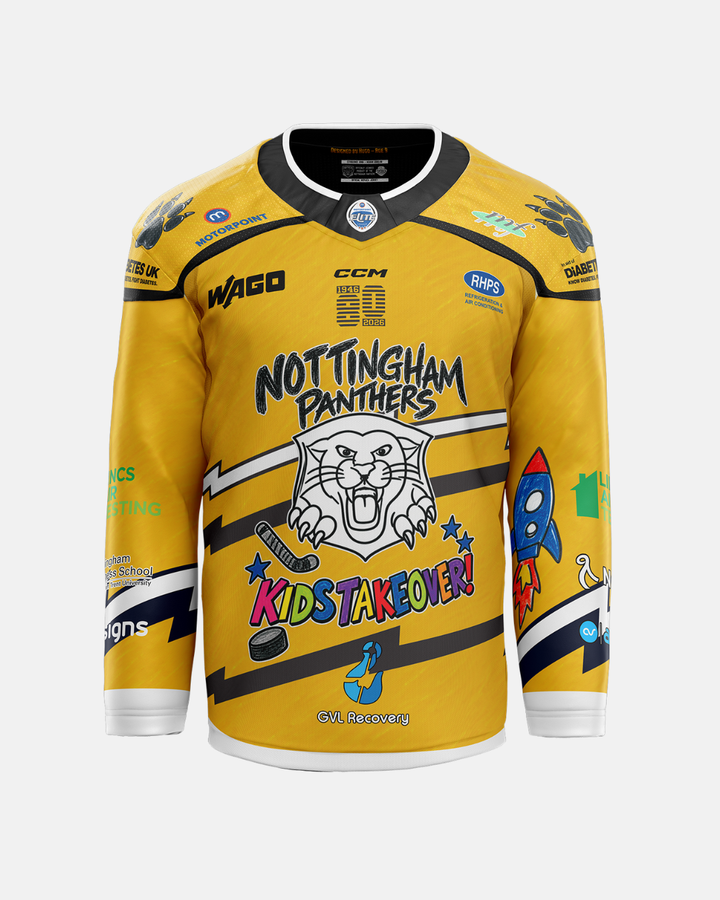 The Nottingham Panthers 2026/27 Classic Replica Kids Takeover Jersey showcases a gold design featuring a roaring panther logo, Nottingham Panthers text, bright children’s drawings, and the phrase “Kids Takeover!” surrounded by colorful doodles, hockey sticks, and sponsor logos—perfectly capturing a playful look in this classic replica style.