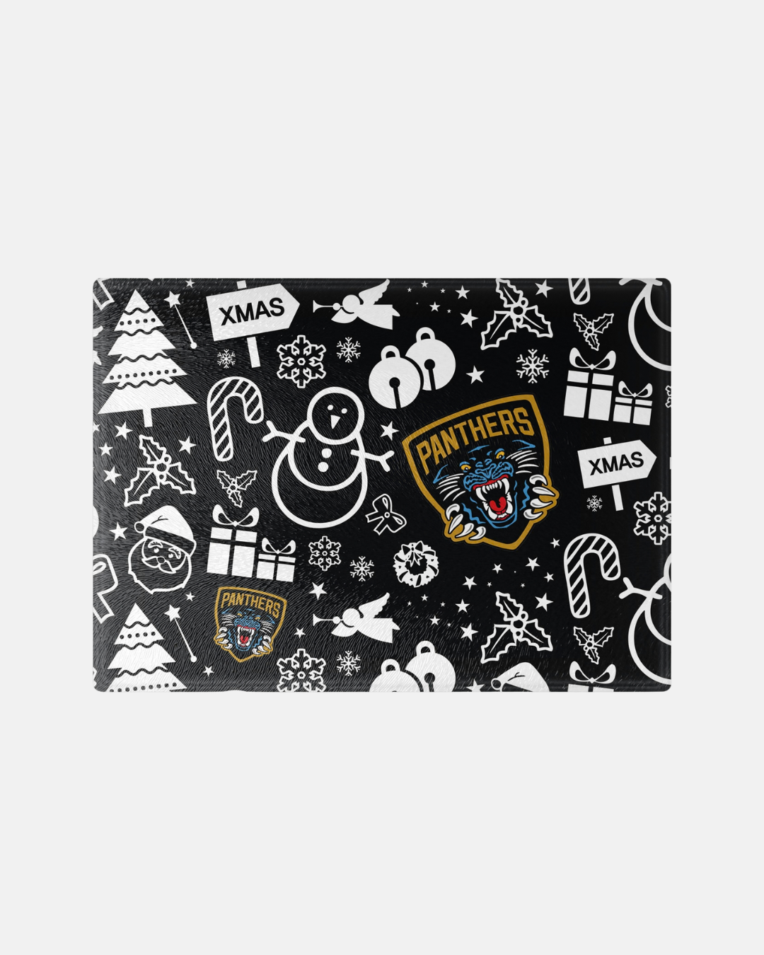Rectangular black Nottingham Panthers Icons Pattern Chopping Board featuring a white Christmas-themed icon pattern, crafted to order to reduce waste.
