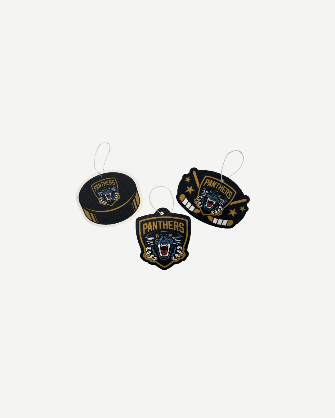 The Panthersland Nottingham Panthers Air Freshener 3 Pack includes puck, shield, and goalie mask designs in black, gold, and white, each featuring team logos.