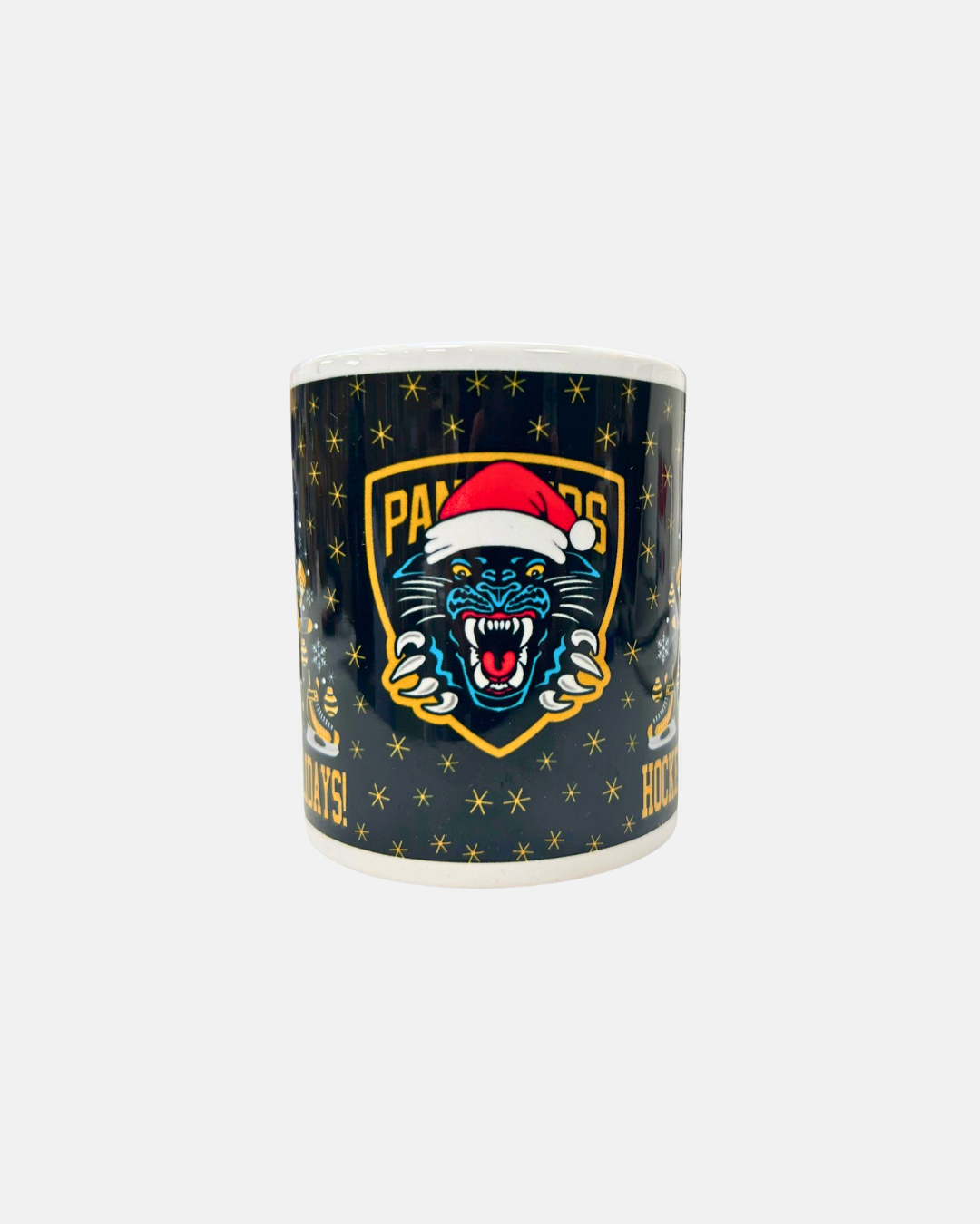 Introducing the Nottingham Panthers 2026 Christmas Mug by Panthersland—a festive white mug showcasing the iconic roaring panther logo in a Santa hat, with bold PANTHERS text and twinkling stars in the background—the perfect way to enjoy your favourite seasonal drink.