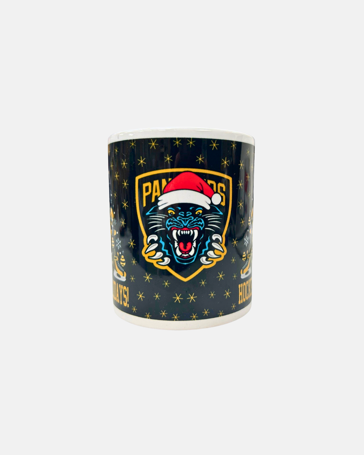 Introducing the Nottingham Panthers 2026 Christmas Mug by Panthersland—a festive white mug showcasing the iconic roaring panther logo in a Santa hat, with bold PANTHERS text and twinkling stars in the background—the perfect way to enjoy your favourite seasonal drink.