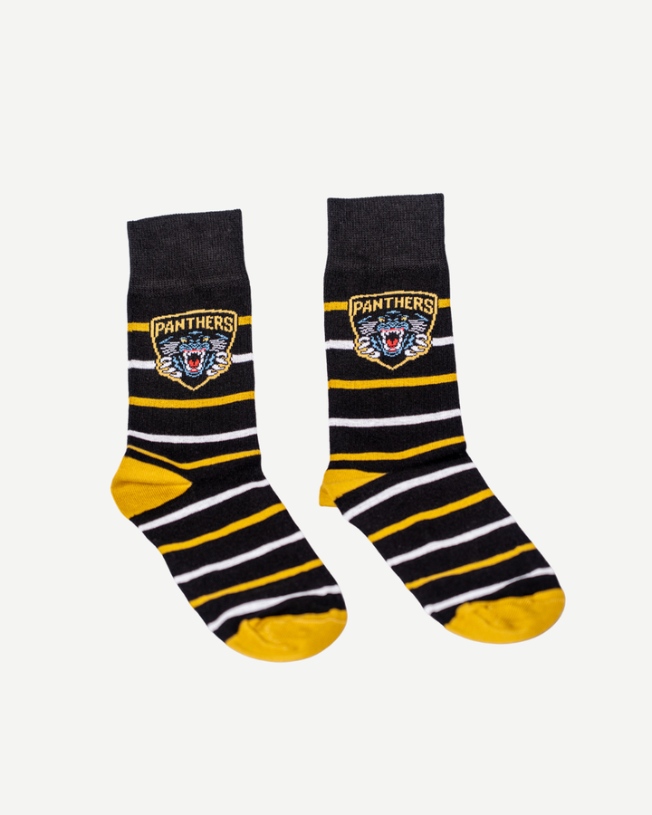 Show your Panthers pride with Panthersland’s Nottingham Panthers Socks — dark socks featuring yellow heels and toes, white and yellow stripes, and a roaring panther head logo near the top.