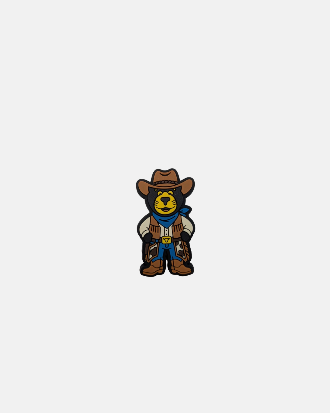Bring some Country Night spirit to your look with the Panthersland Nottingham Panthers 26-27 Country Night Croc Charm—featuring a cartoon-style black cat cowboy in a brown hat, blue bandana, tan vest, and Crocs-inspired brown boots, dual pistols in hand, set against a crisp white background.