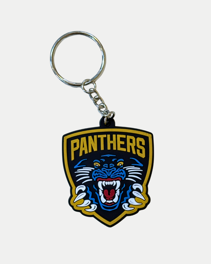 The Panthersland Nottingham Panthers PVC Keyring features a shield-shaped team crest with a blue panther, yellow claws, and bold yellow "PANTHERS" lettering—ideal for any Nottingham Panthers supporter.