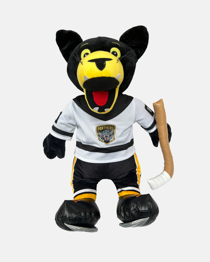 This Nottingham Panthers Big Paws Plush White Jersey by Panthersland features a black panther dressed in a hockey uniform and holding a hockey stick, making it perfect for Nottingham Panthers fans. The white jersey prominently displays the team’s logo, while the plush toy’s wide, open-mouthed smile adds extra charm.
