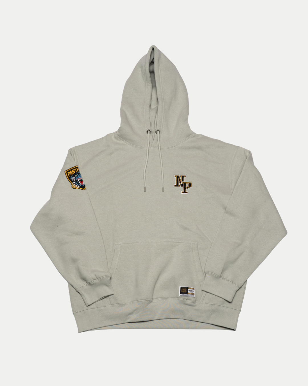 The Panthersland Nottingham Panthers 25-26 Grey NP Logo Hoodie features initials on the left chest, a colorful patch on the right shoulder, and a small label by the waistband—ideal for any Panthers fan. Laid flat on a white background.