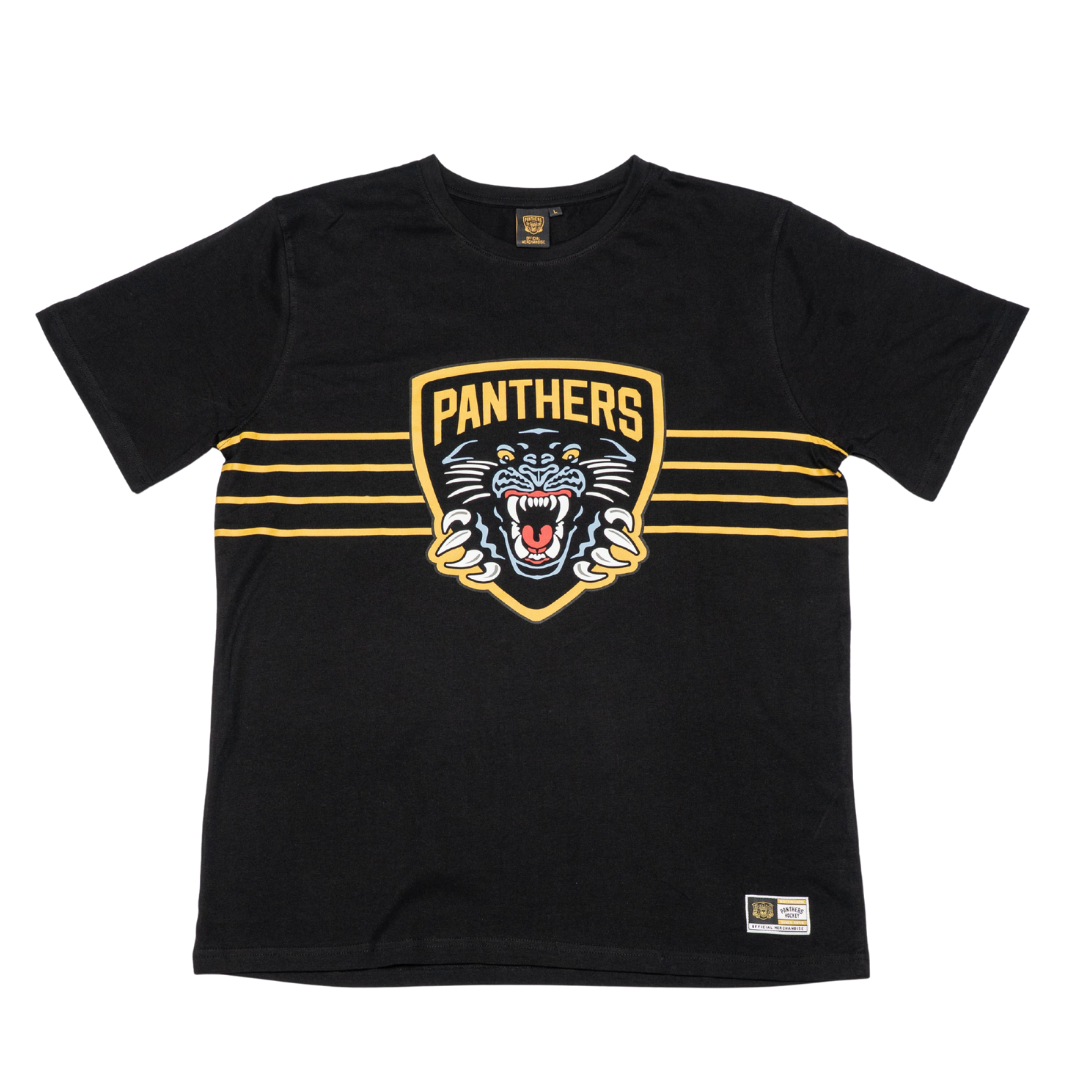 The Kids Nottingham Panthers Black Logo T-shirt 25-26 by Panthersland features yellow stripes and a bold shield logo with PANTHERS and a roaring panther head—ideal for match days. Finished with a small hem label.